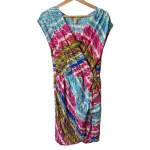 Presley Skye Blue Pink Sleeveless Faux Wrap Tulip Cut Tie Dye Dress Women's L